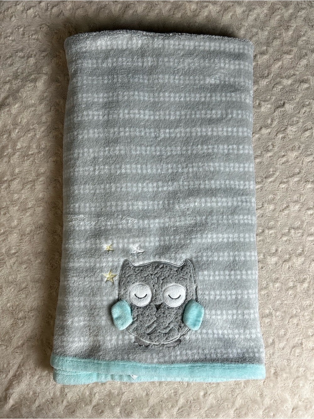 Parent's Choice Gray Sleeping Owl Baby Blanket Aqua Blue White Stripes Stars